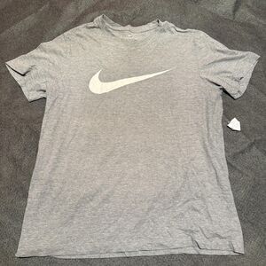 Nike Shirt Mens L Large Gray Big Swoosh Logo Graphic Tee Sports Athletic